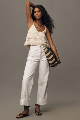 Shop Amo Sonia Cuffed High-rise Straight-leg Jeans In White