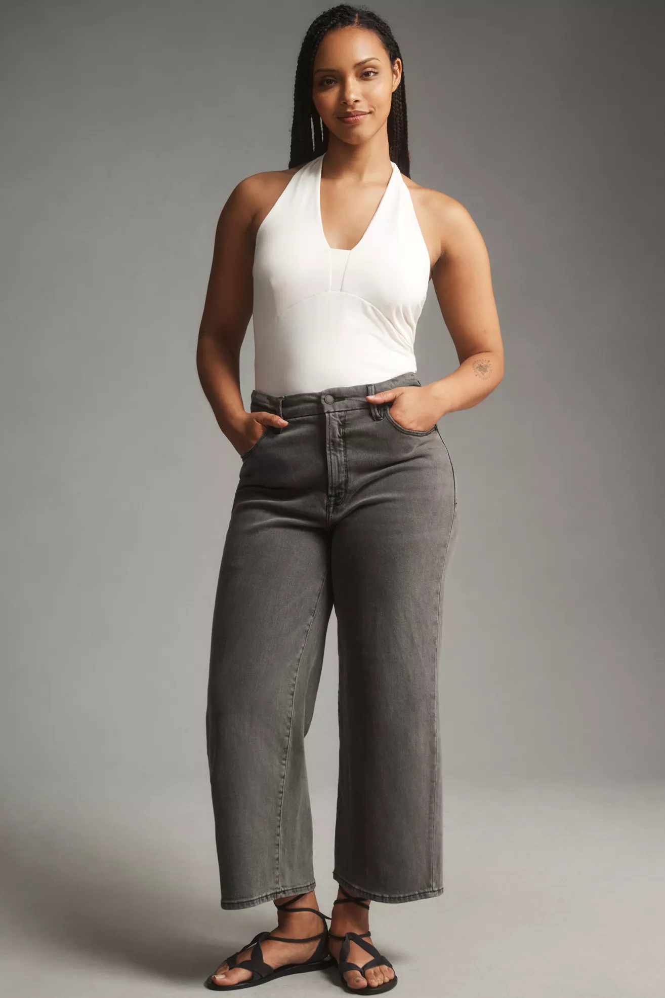 Plus-size, gray-wash, crop jeans