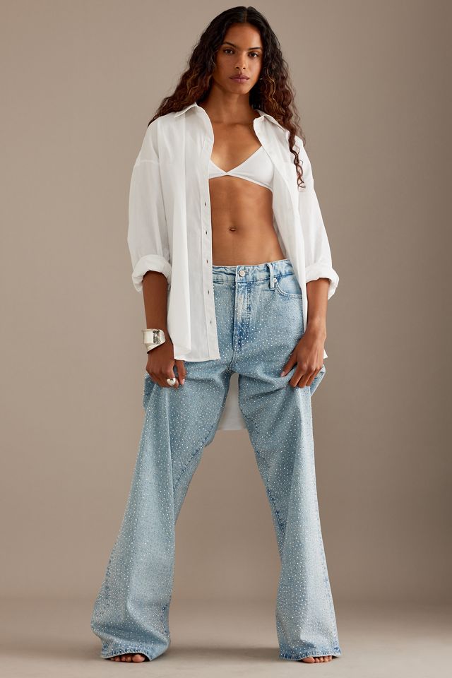 Good American Good Ease Rhinestone Mid-Rise Relaxed Jeans #3
