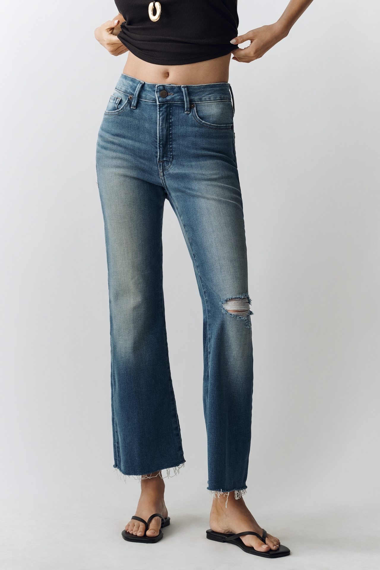 Good American Soft Tech Legs Mid Rise Crop Mini Bootcut Jeans