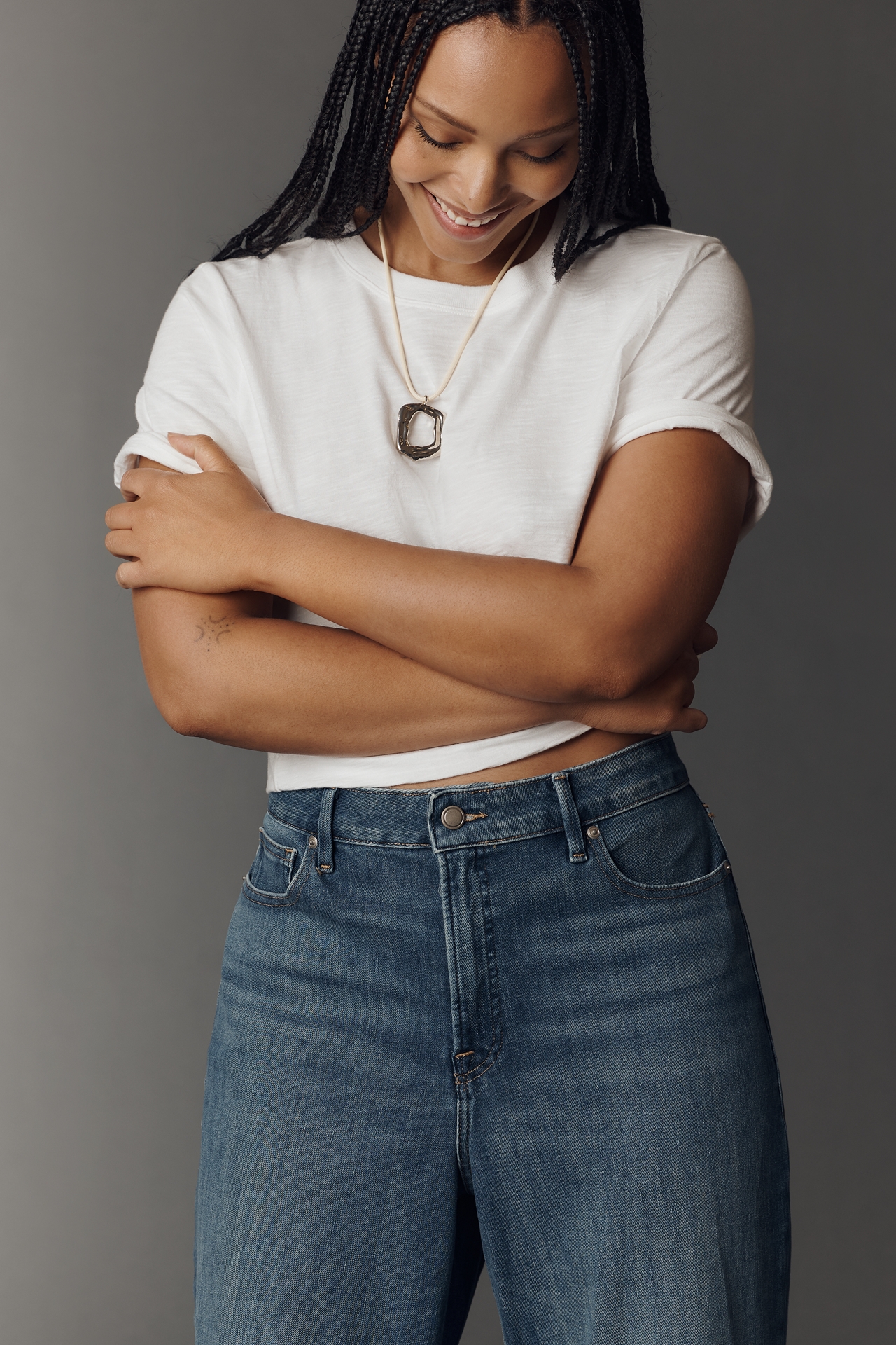 Good American Soft-Tech Waist Ankle High-Rise Wide-Leg Jeans