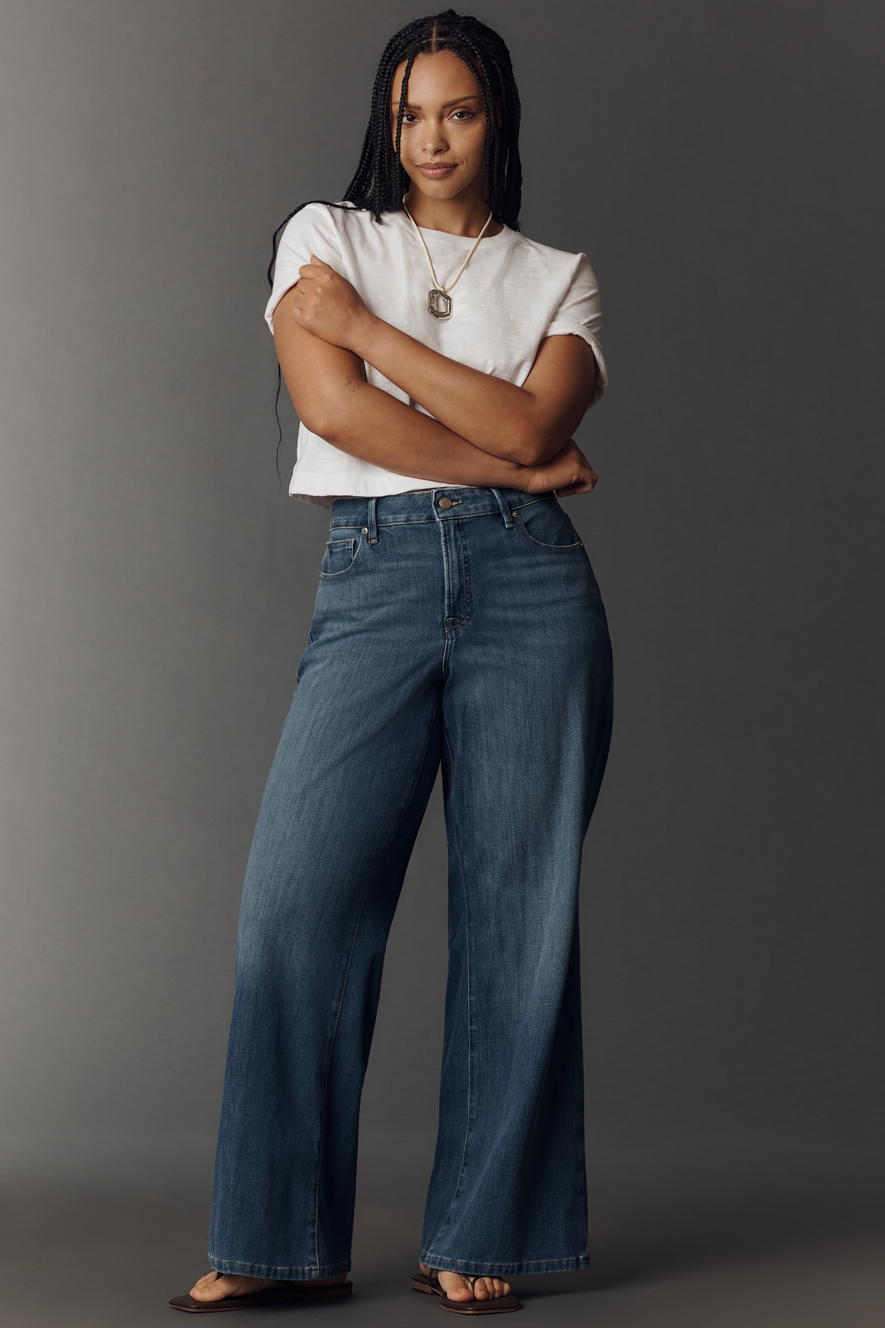 Good American Soft-Tech Waist Ankle High-Rise Wide-Leg Jeans