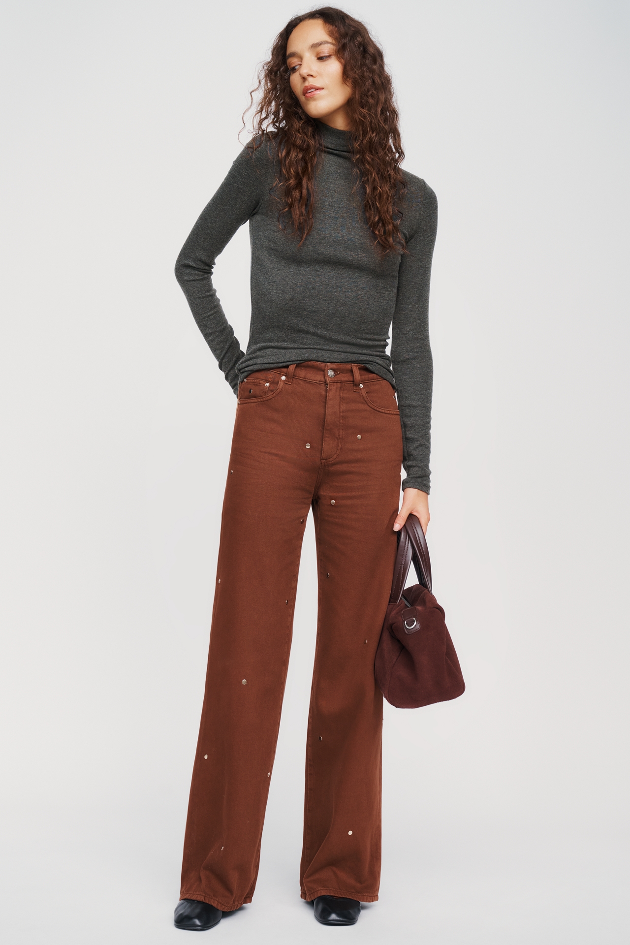 LE JEAN Column Studded High Rise Wide Leg Jeans