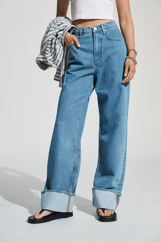 High Waisted Wide Leg Cuffed Jeans