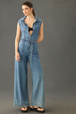 Frame Sleeveless Wide-leg Denim Jumpsuit In Blue