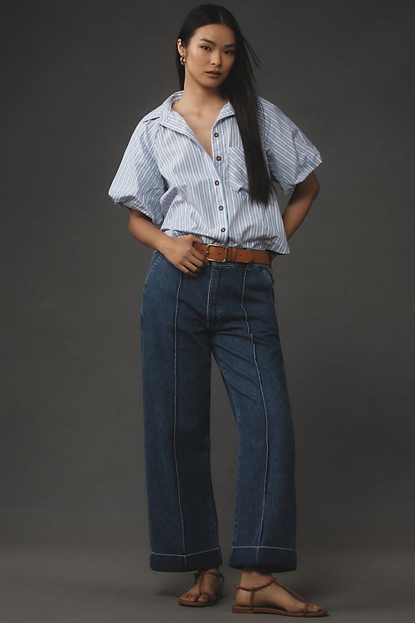 Shop Frame 70s Cuffed Crop High-rise Straight-leg Jeans In Blue