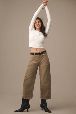 Women's Corduroy Wide Leg Pants - Mid Rise Barrel Jeans With Elastic Waist