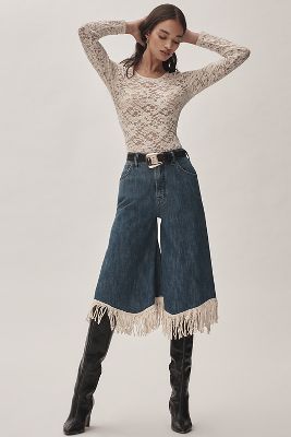 Shop Pilcro High-rise Wide-leg Fringe Culotte Jeans In Blue