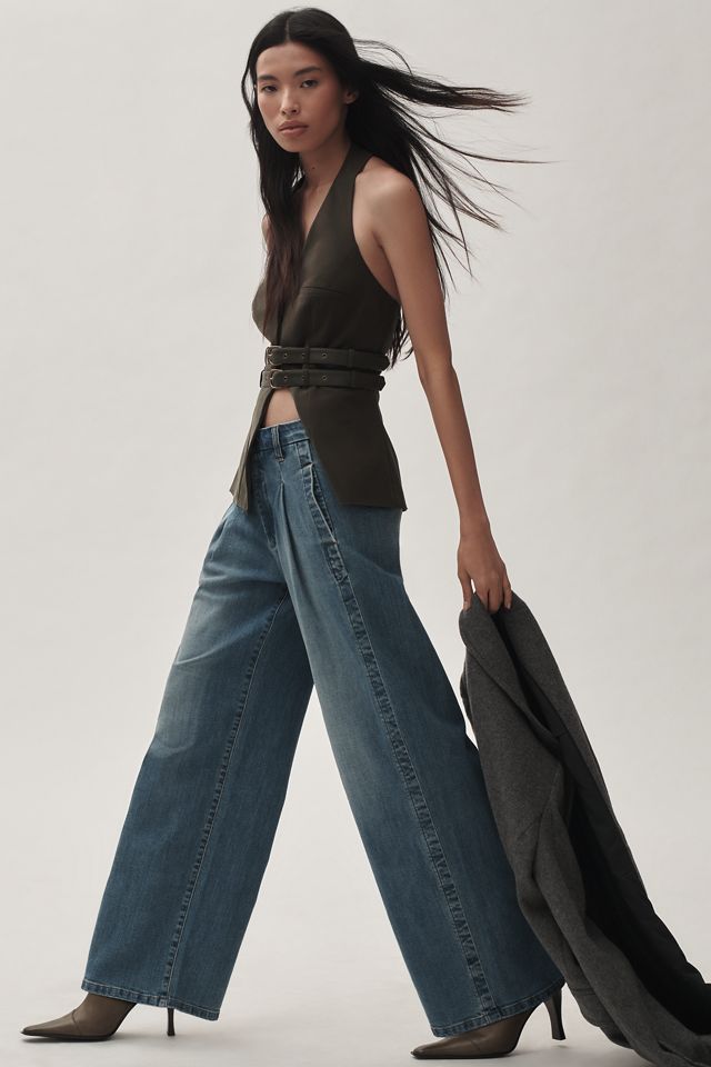 Jeans a Gamba Larga Pilcro Plissettati a Vita Alta #3