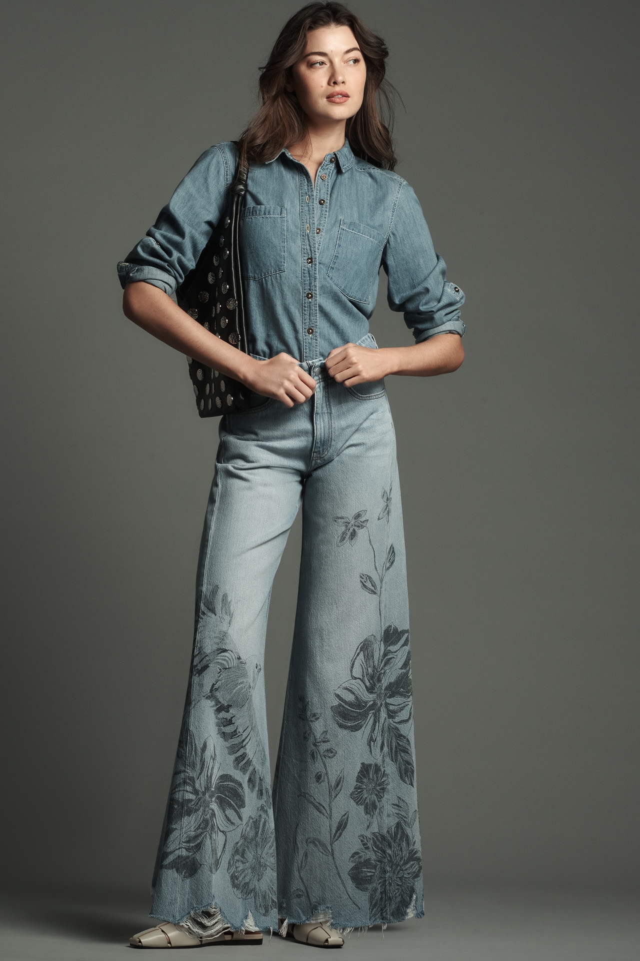 The Adi Mid-Rise Frayed Relaxed Flare Jeans by Pilcro: Patterned Edition