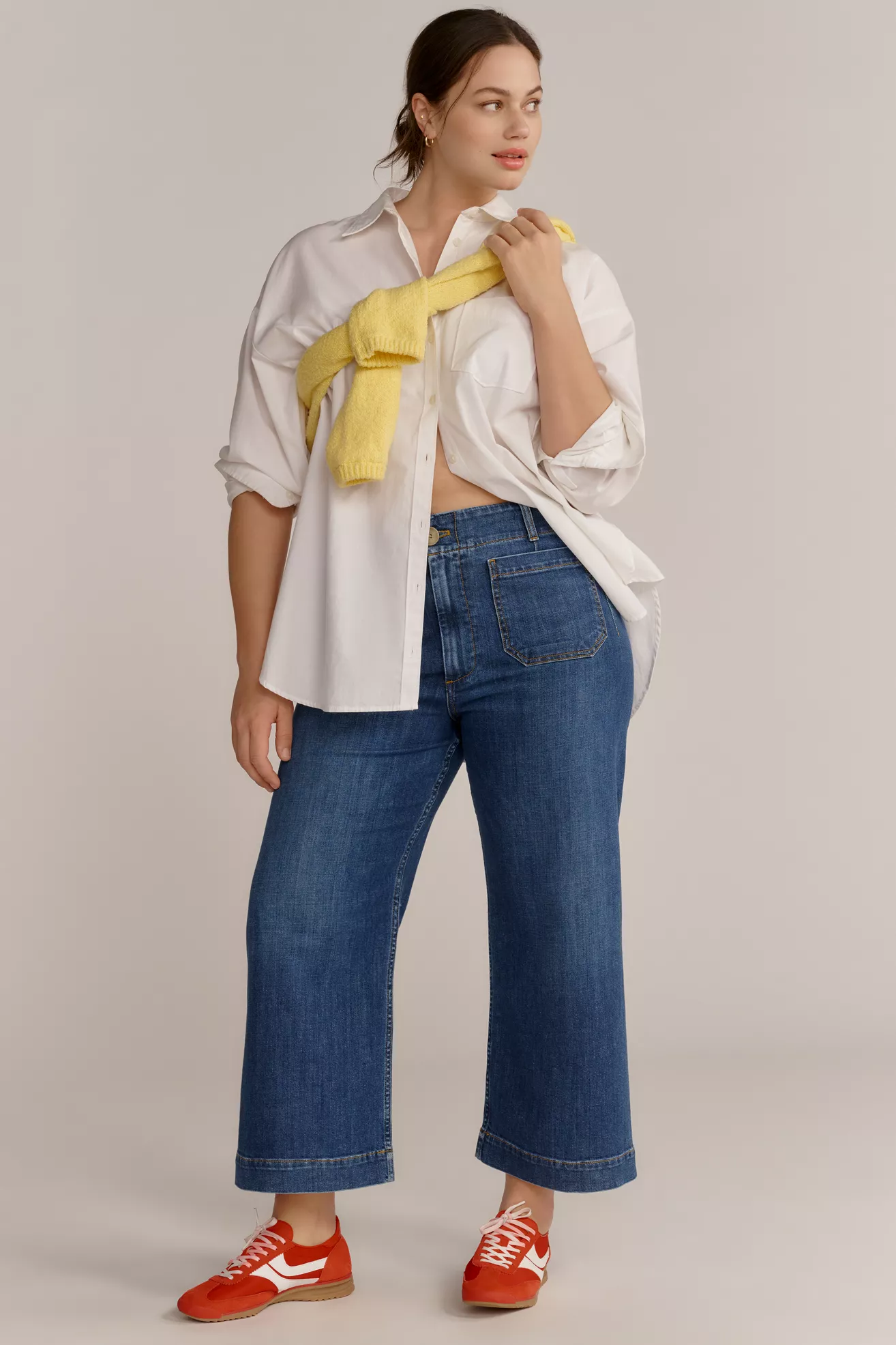 Plus-size, mid-wash, high-rise, wide-leg crop jeans