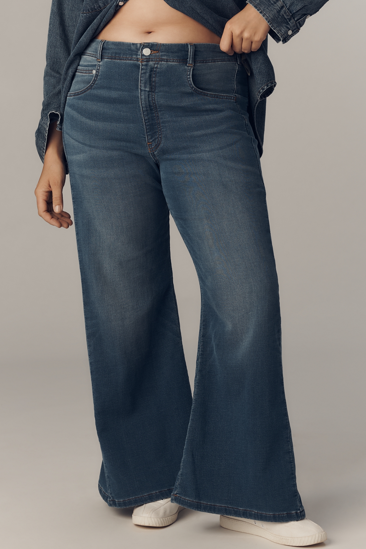 The Adi Knit Mid-Rise Flare Jeans by Pilcro