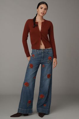 Maeve Mid-Rise Wide-Leg Patch Jeans 