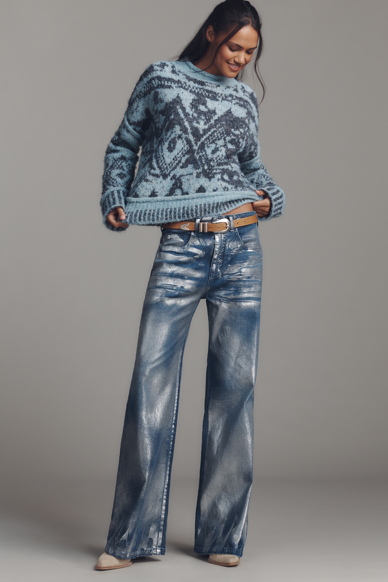 The Rylan Metallic Relaxed High-Rise Flare Jeans by Pilcro