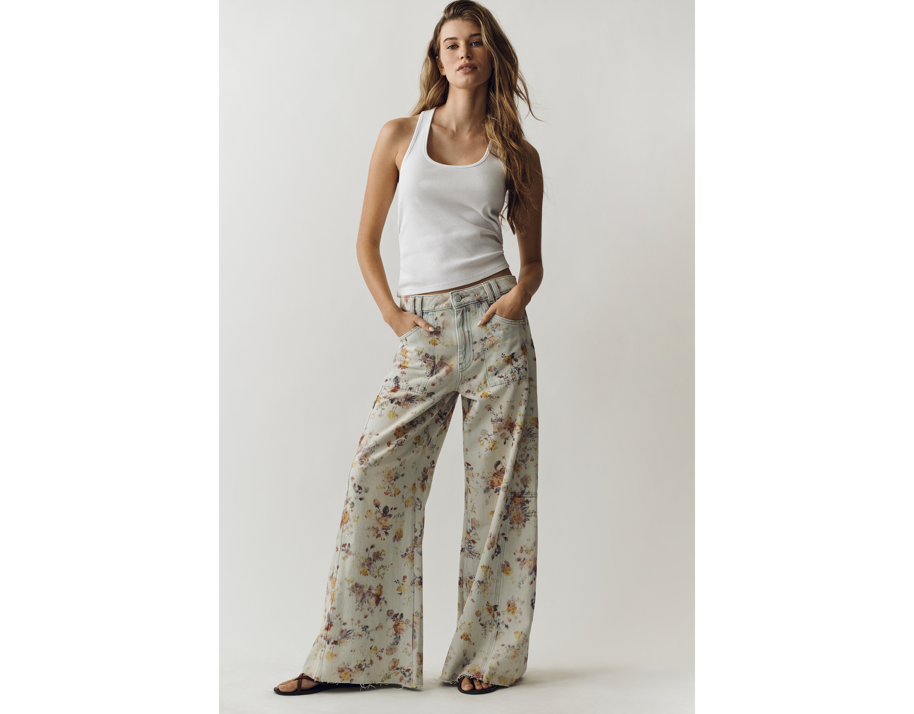 Pilcro Adi Floral Mid Rise Wide Leg Jeans