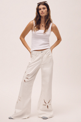 The Adi Mid-Rise Relaxed Wide-Leg Embroidered Jeans by Pilcro