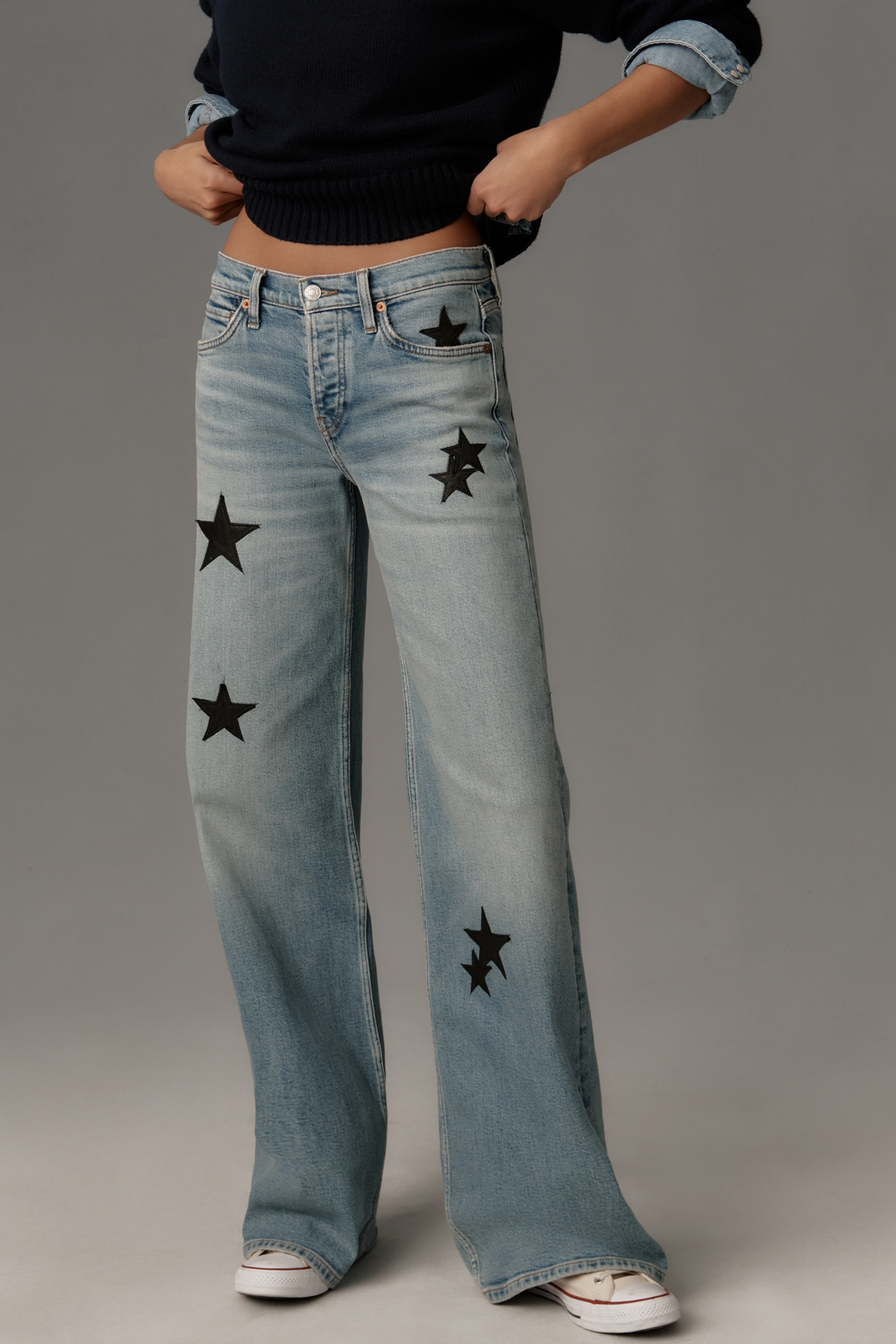 RE/DONE Star-Embellished Mid-Rise Wide-Leg Jeans
