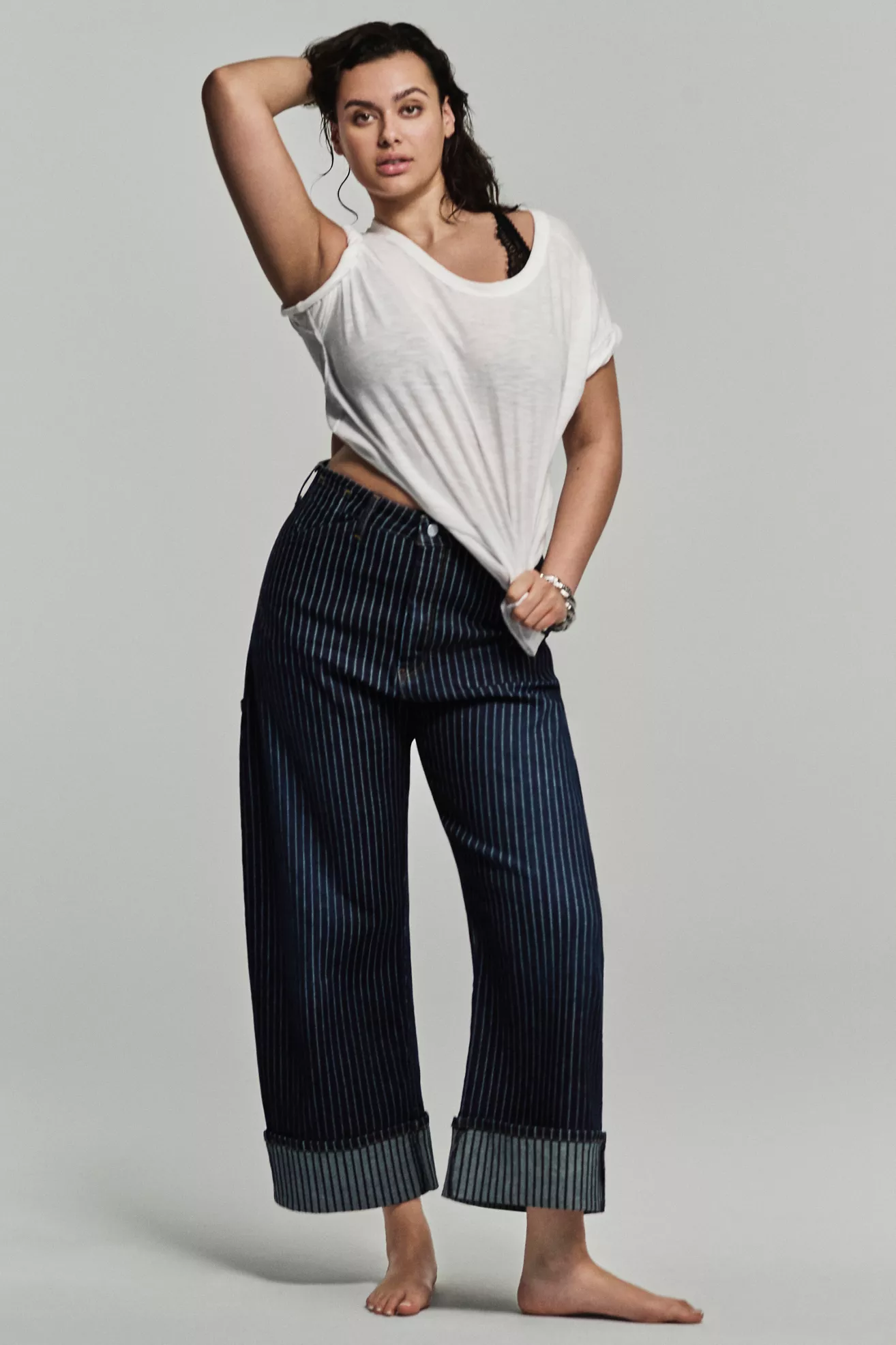 Plus-size, dark-wash, white-stripe, cuffedd jeans