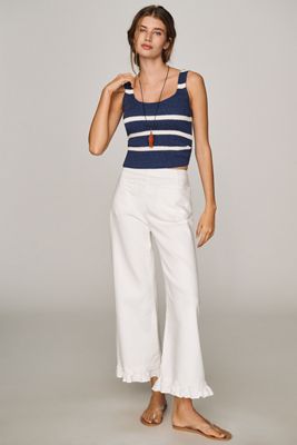 Maeve Colette Ruffle-Hem High-Rise Wide-Leg Cropped Jeans
