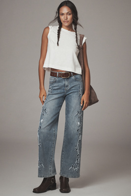 Siempre Zoey Embroidered High-rise Wide-leg Jeans In Blue