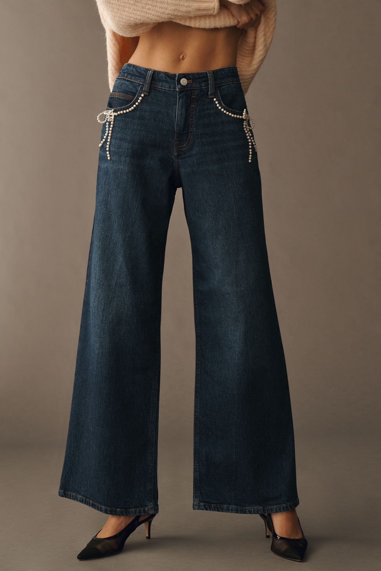 Pilcro Pearl-Embellished Low-Rise Wide-Leg Jeans