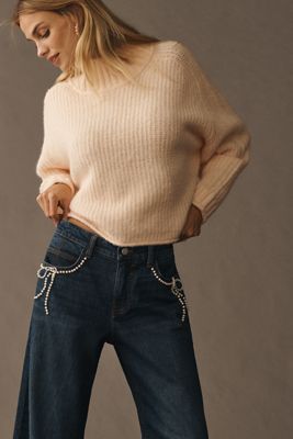 Pilcro Pearl-Embellished Low-Rise Wide-Leg Jeans