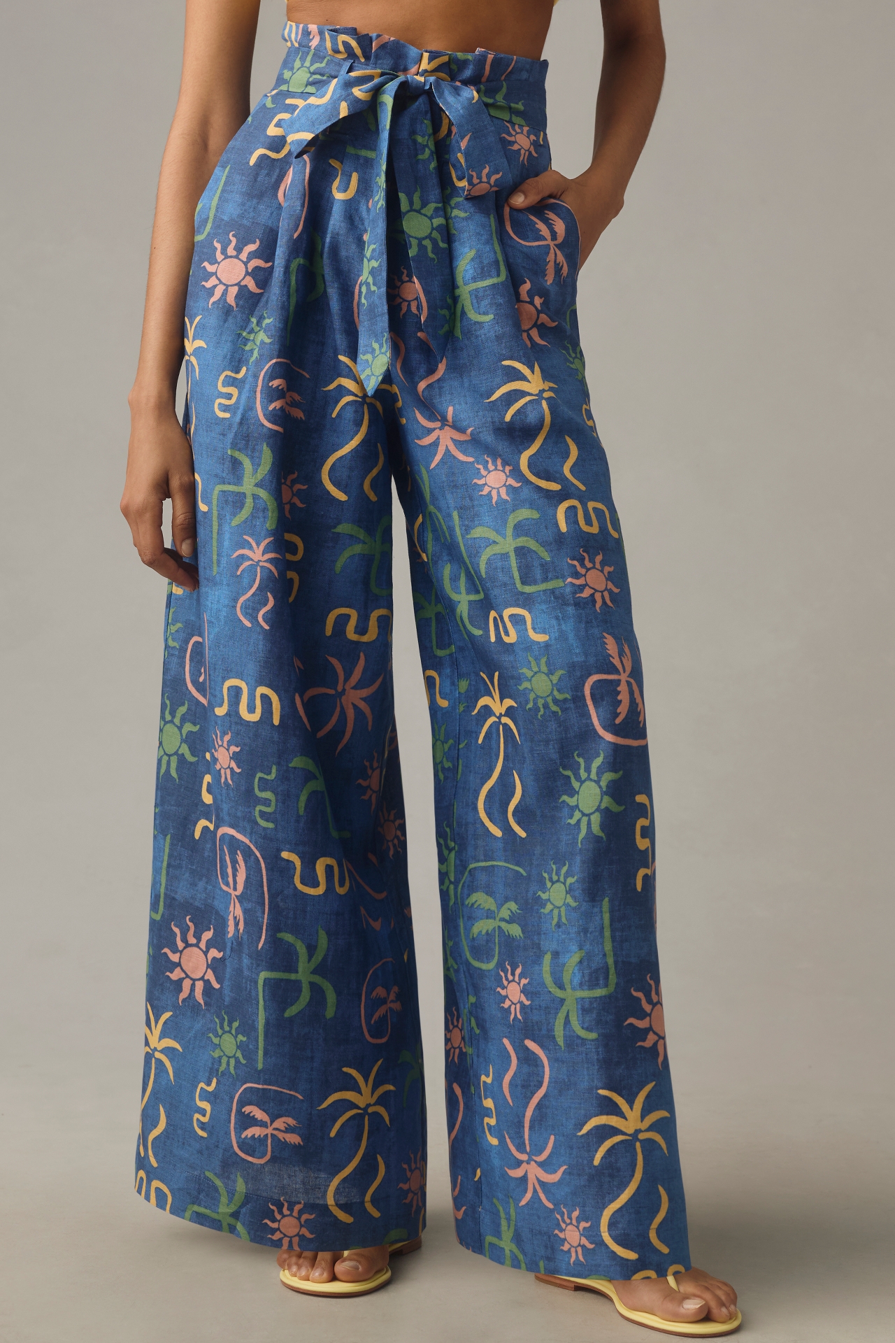 Corey Lynn Calter Linen Tropical Printed Wide-Leg Pants