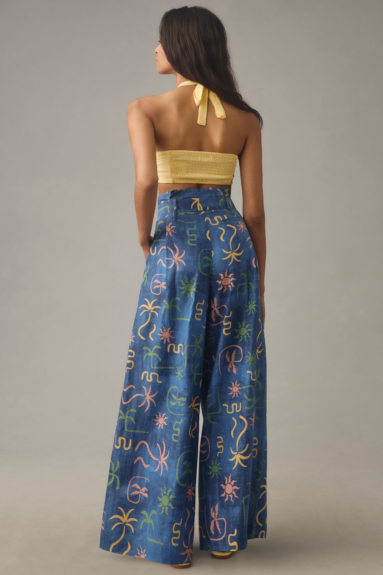 Corey Lynn Calter Linen Tropical Printed Wide-Leg Pants