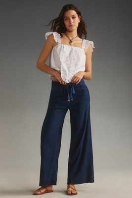 Joe's Jeans The Addison High-rise Drawstring Linen Wide-leg Crop Pants In Blue