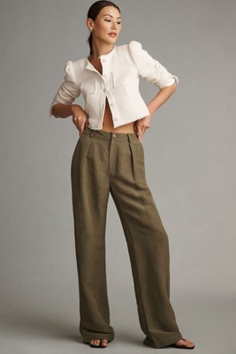 Paige Dallas Pleated High Waist Wide Leg Linen Blend Trousers In Green