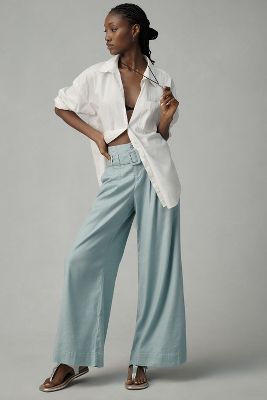 By Anthropologie Linen Belted Wide-leg Pants In Blue