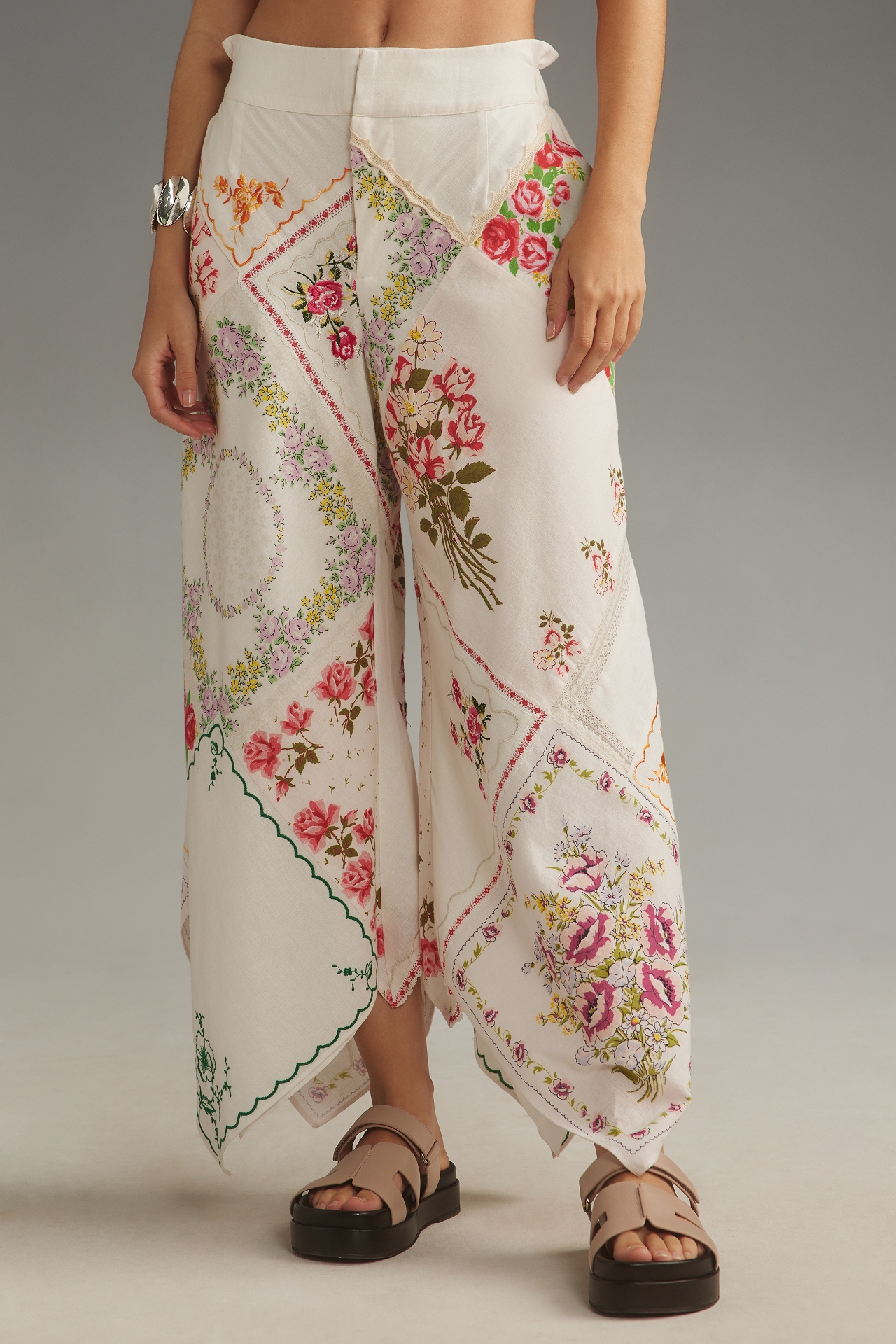 By Anthropologie Patchwork Linen Wide-Leg Crop Pants