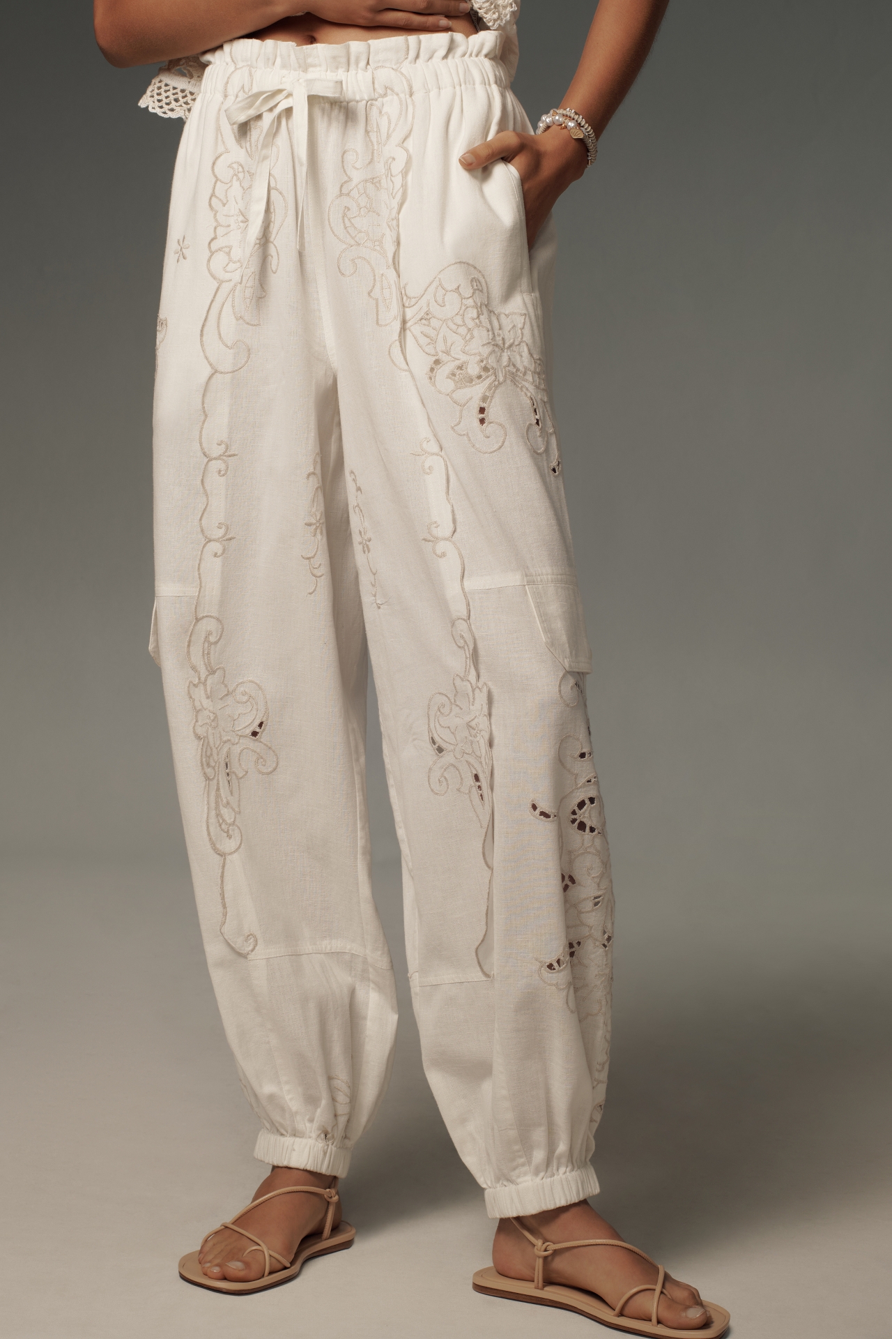 By Anthropologie Embroidered Linen Pull-On Joggers