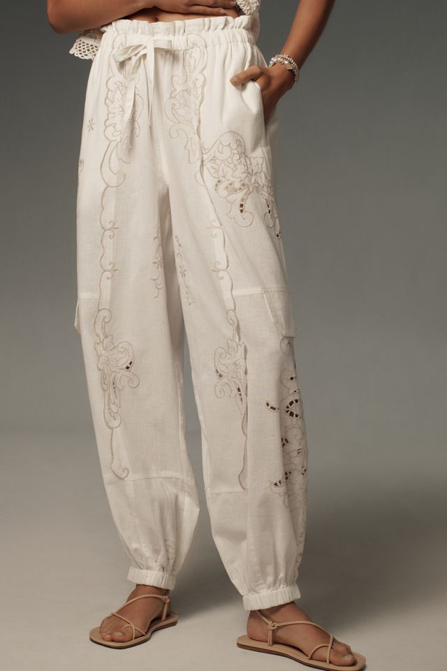 By Anthropologie Embroidered Linen Pull-On Joggers #1