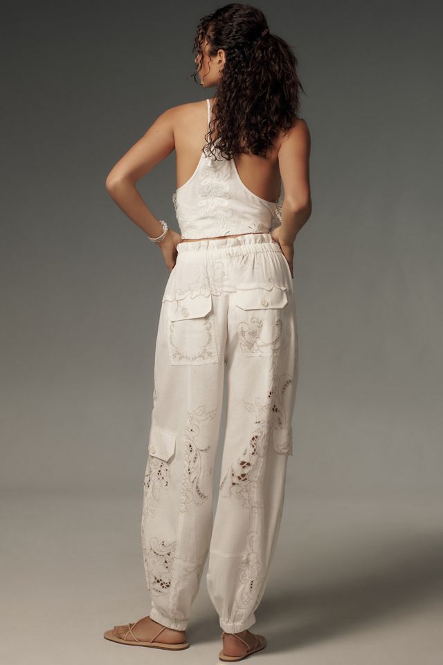By Anthropologie Embroidered Linen Pull-On Joggers #2