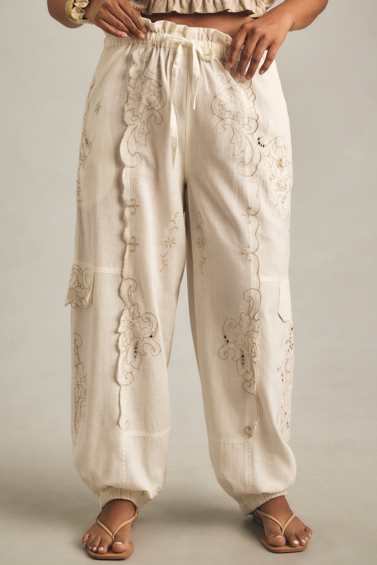 By Anthropologie Embroidered Linen Pull-On Joggers