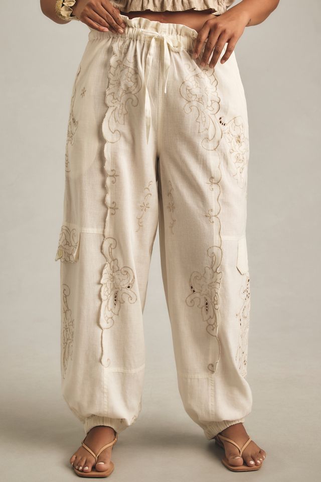 By Anthropologie Embroidered Linen Pull-On Joggers #8