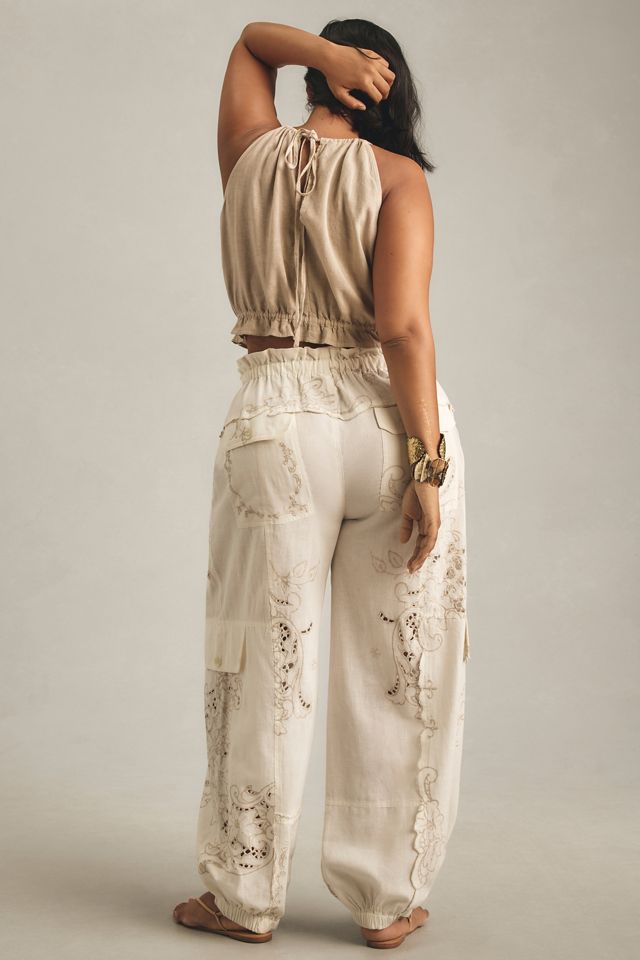 By Anthropologie Embroidered Linen Pull-On Joggers #9