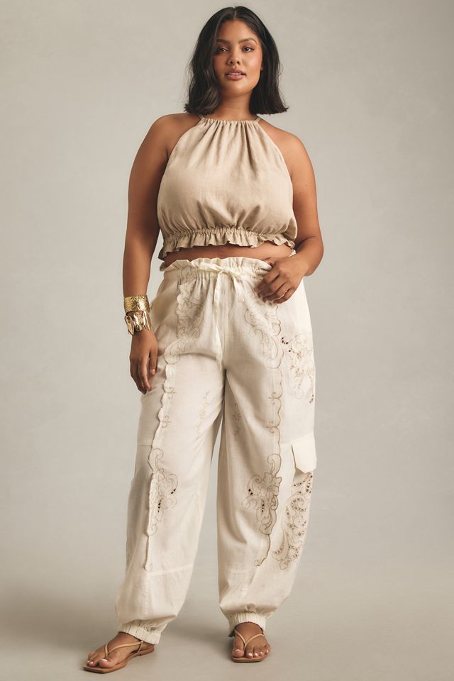 By Anthropologie Embroidered Linen Pull-On Joggers #7