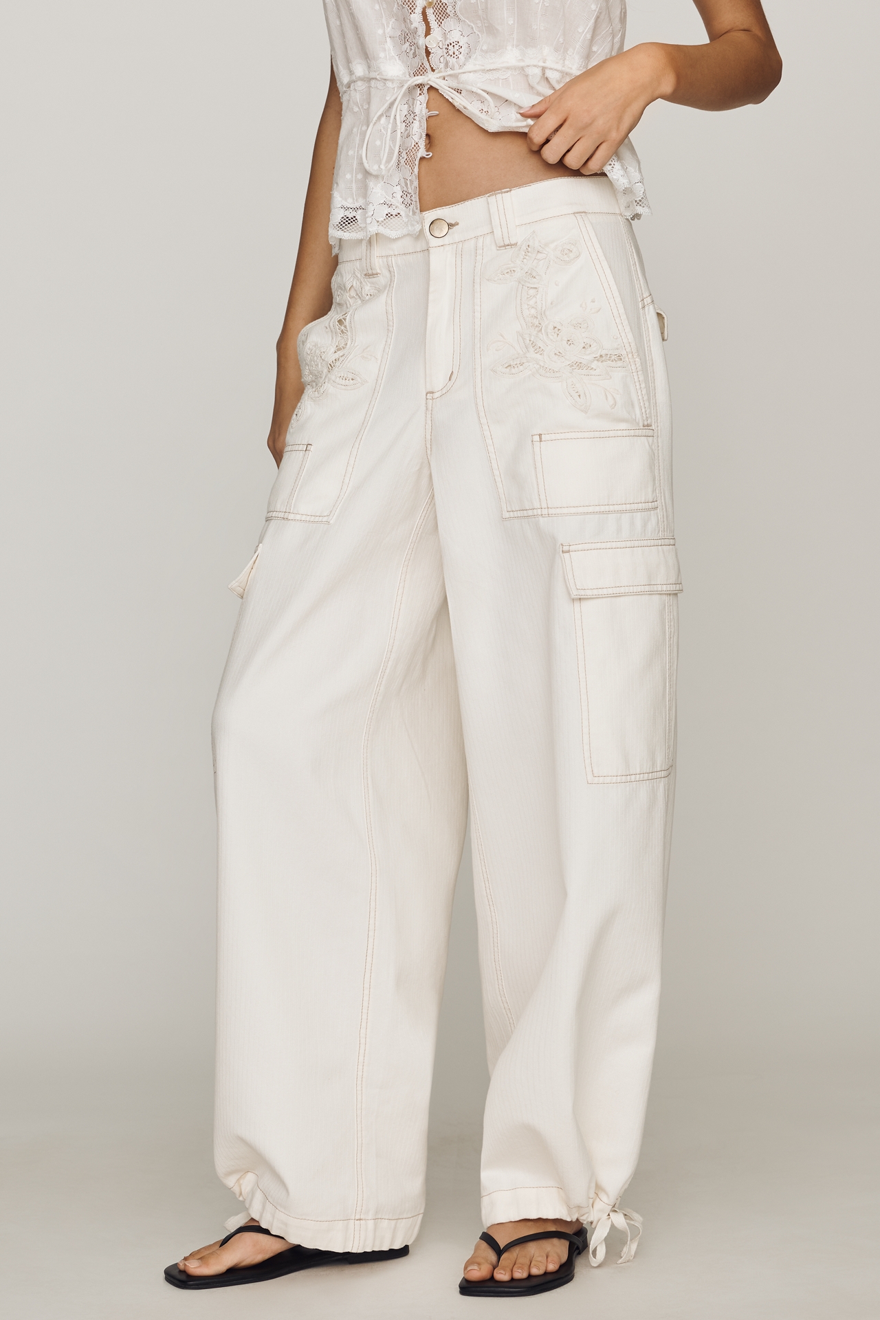 By Anthropologie Cotton High Rise Lace Utility Pants