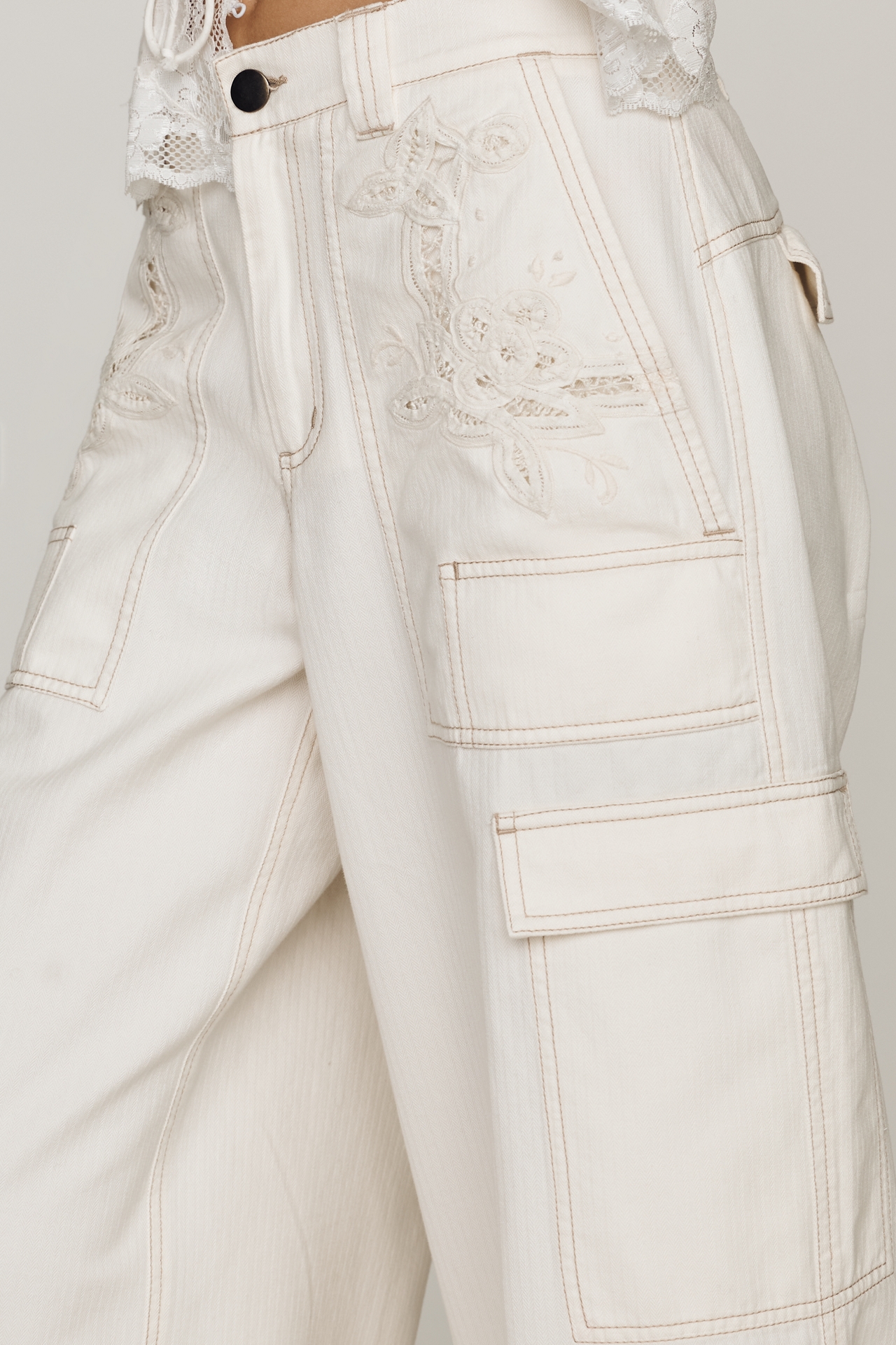 By Anthropologie Cotton High Rise Lace Utility Pants