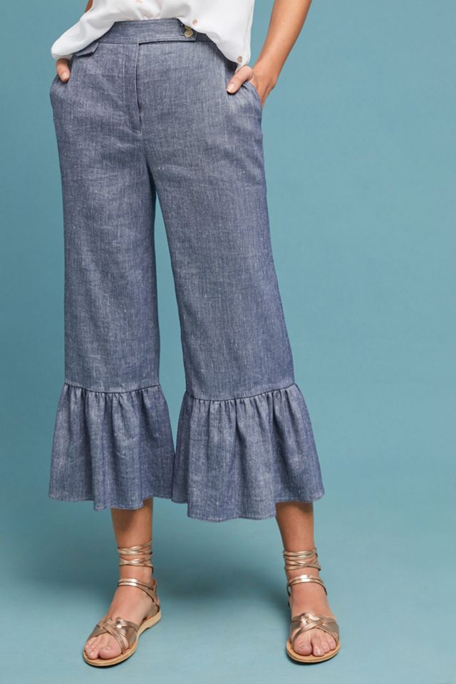 Ruffled Chambray Trousers | Anthropologie