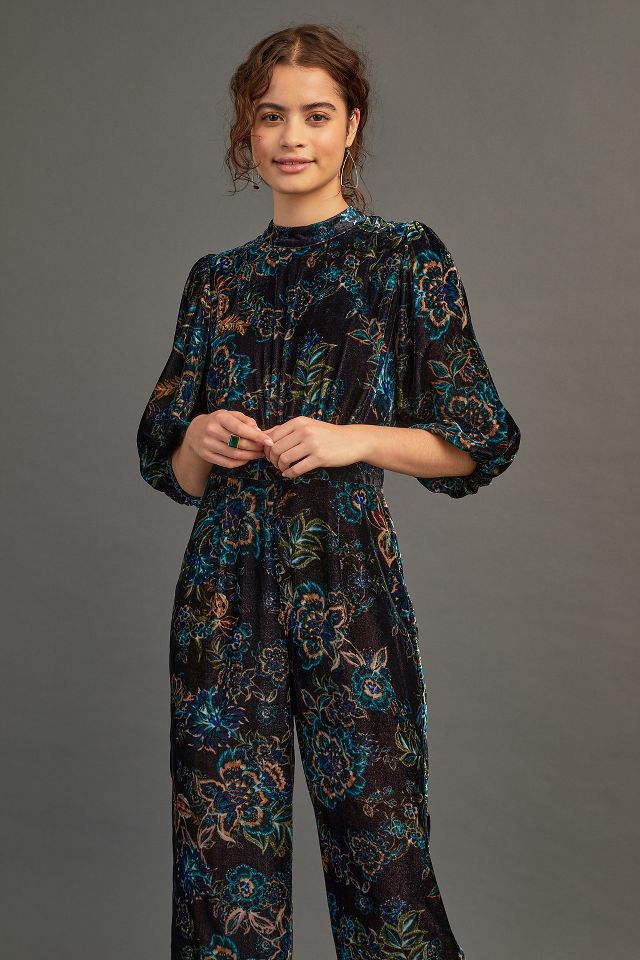 Anthropologie blue velvet jumpsuit cheap