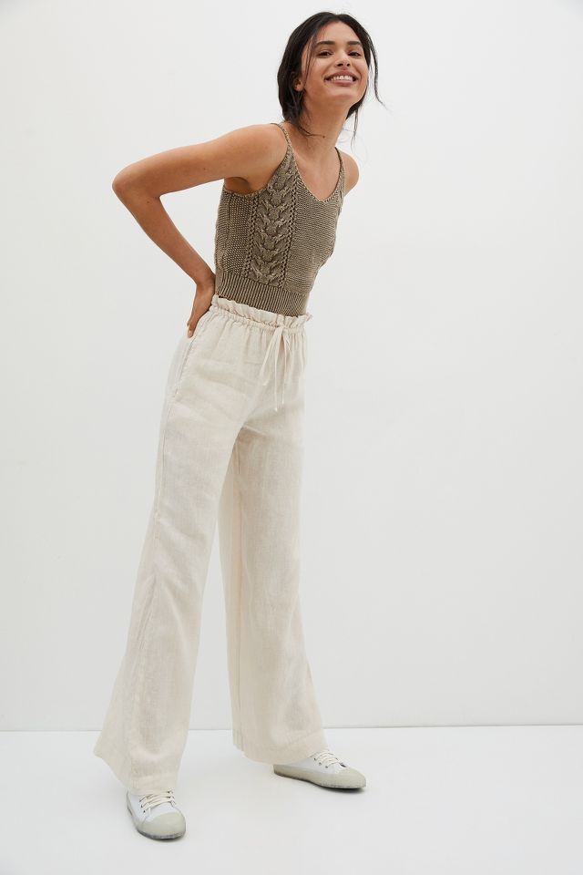 Plus Stone Linen Look Fold Over Wide Leg Pants