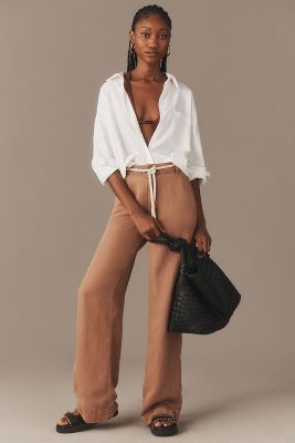 Shop Cloth & Stone Linen Clean-hem High-waist Wide-leg Pants In Brown