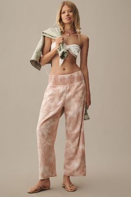 Pilcro Pull-On Tie-Dye Smocked Linen Tapered Trousers