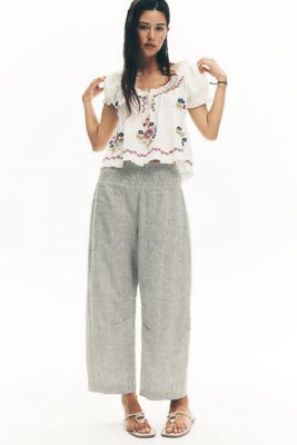 Pilcro Reese Linen Cotton Smocked Pull-On Barrel Pants 