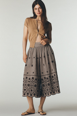 Maeve Skirty Embroidered Culotte Pants In Brown