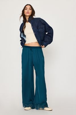 By Anthropologie Satin Lace Wide-Leg Trousers 