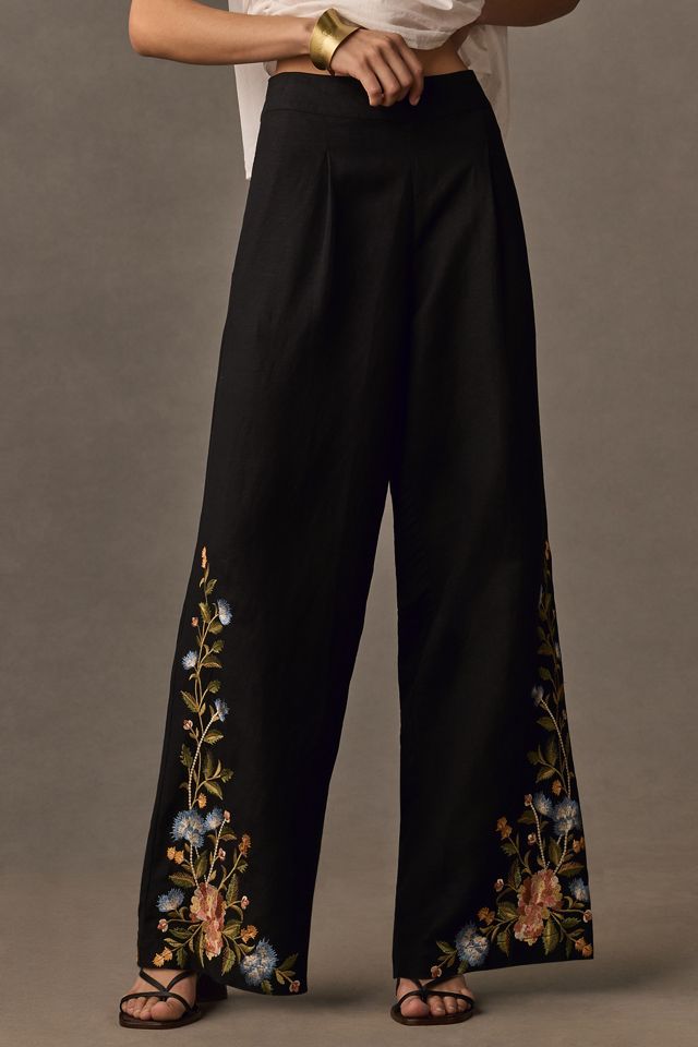 Ranna Gill Floral Embroidered Linen Pants #1